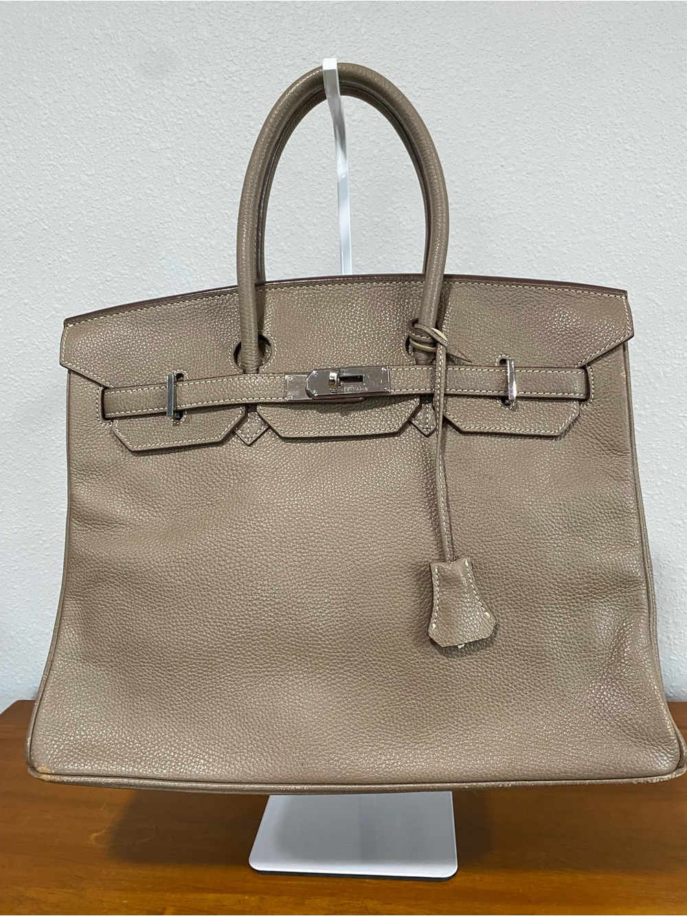 Taupe Pebbled Leather Structured Tote 35cm